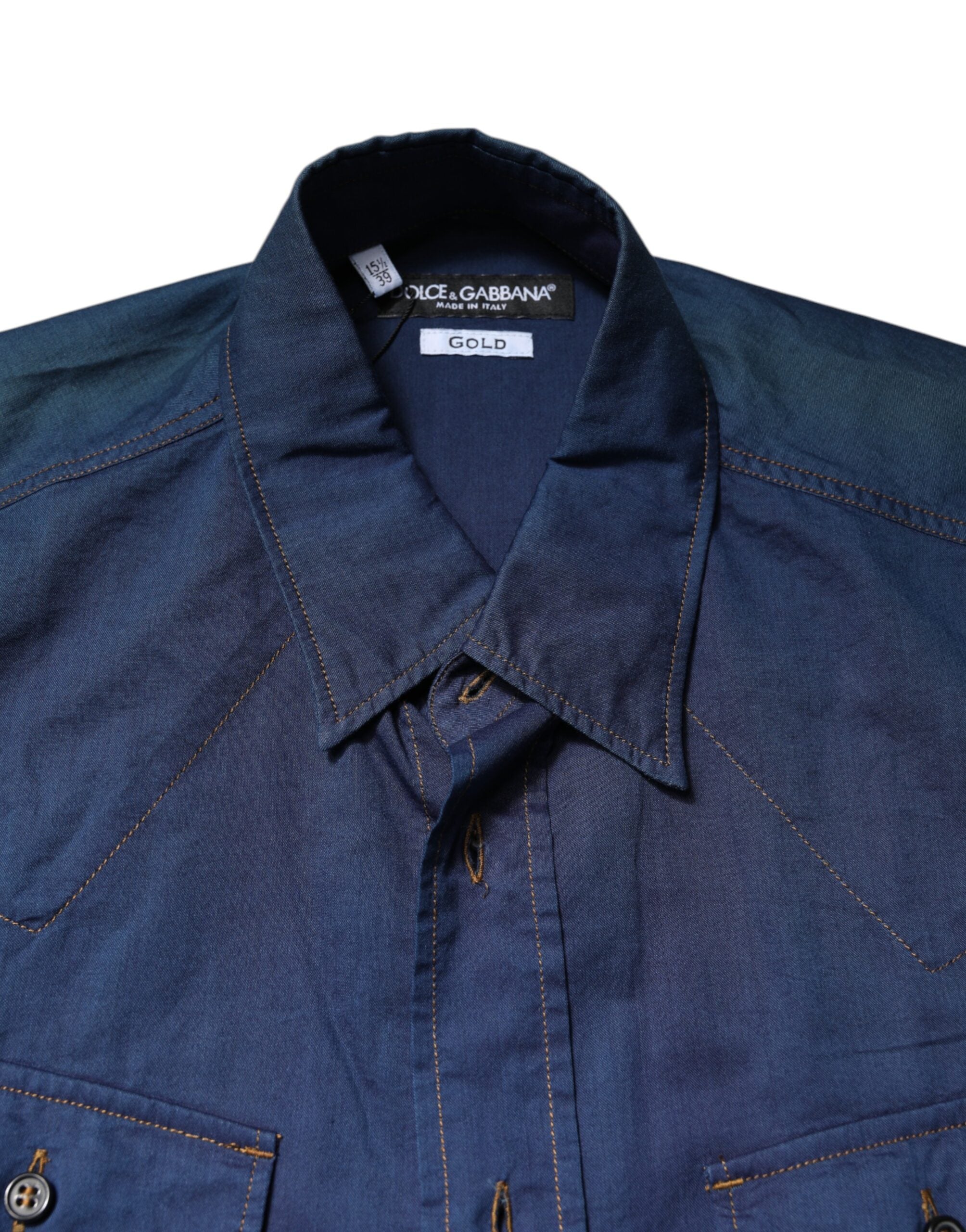 Dolce & Gabbana Blue Cotton GOLD Long Sleeve Casual Shirt
